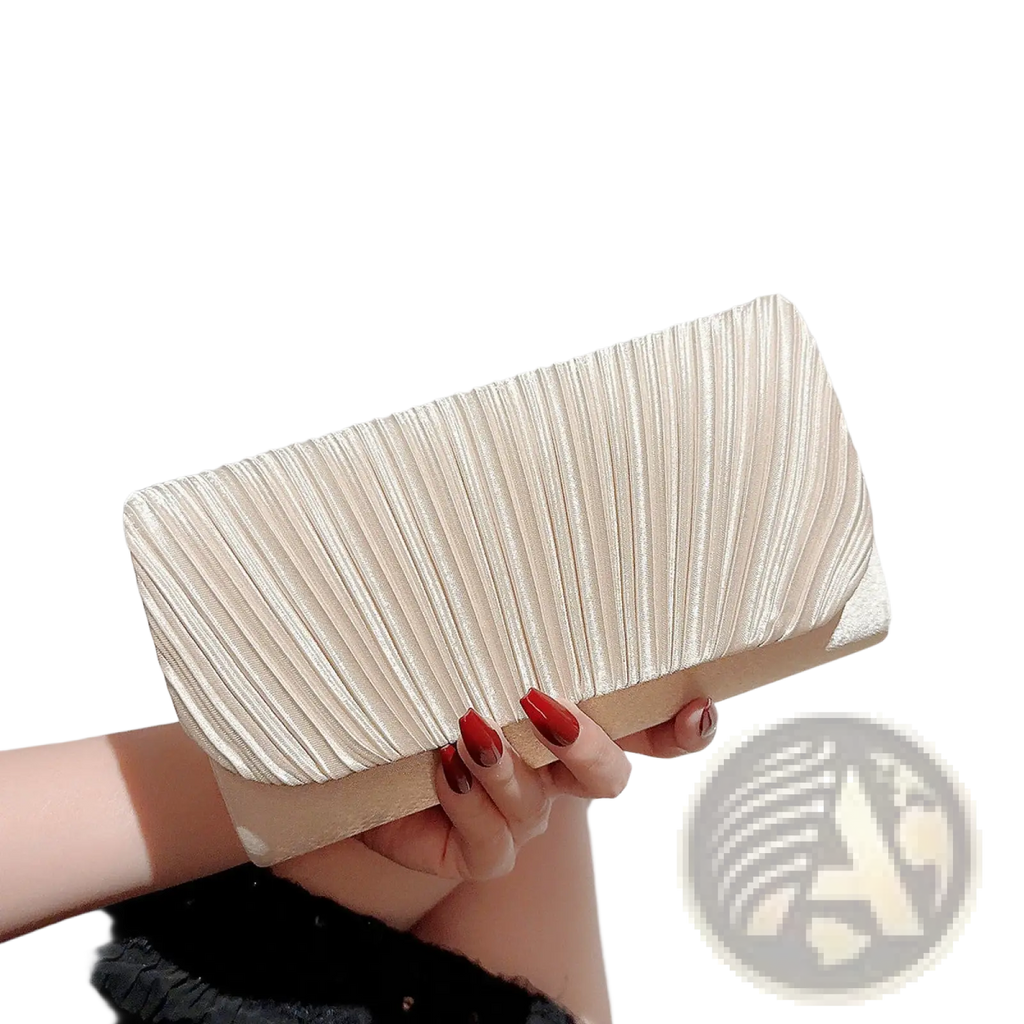 Pleated satin clutch minimalist women’s evening bag in off-white satin with a pleated finish and beige base