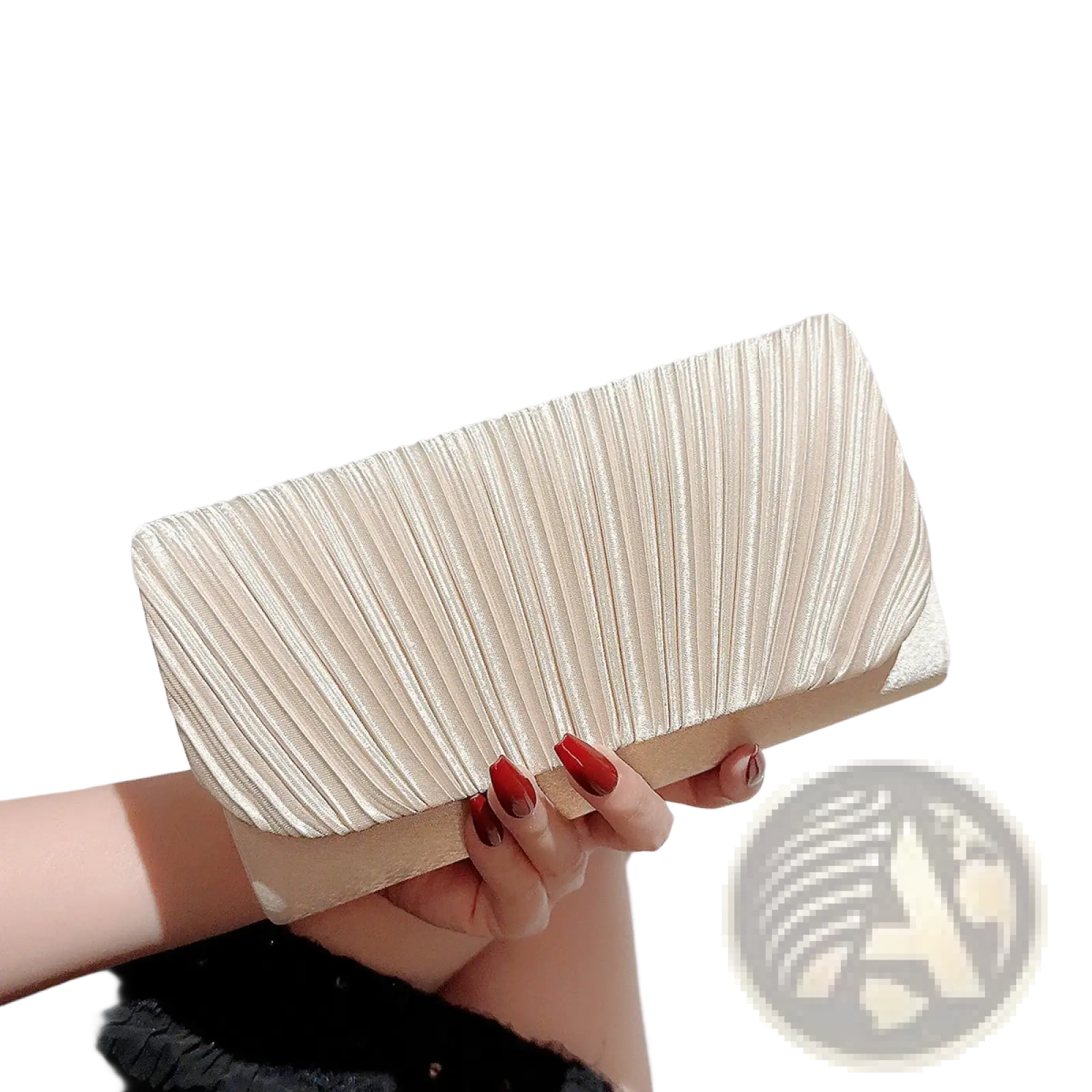 Pleated satin clutch minimalist women’s evening bag in off-white satin with a pleated finish and beige base