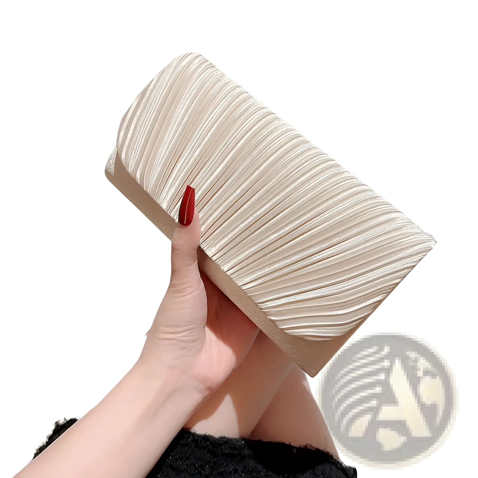 A sleek off-white pleated satin clutch with minimalist design for women’s evening use