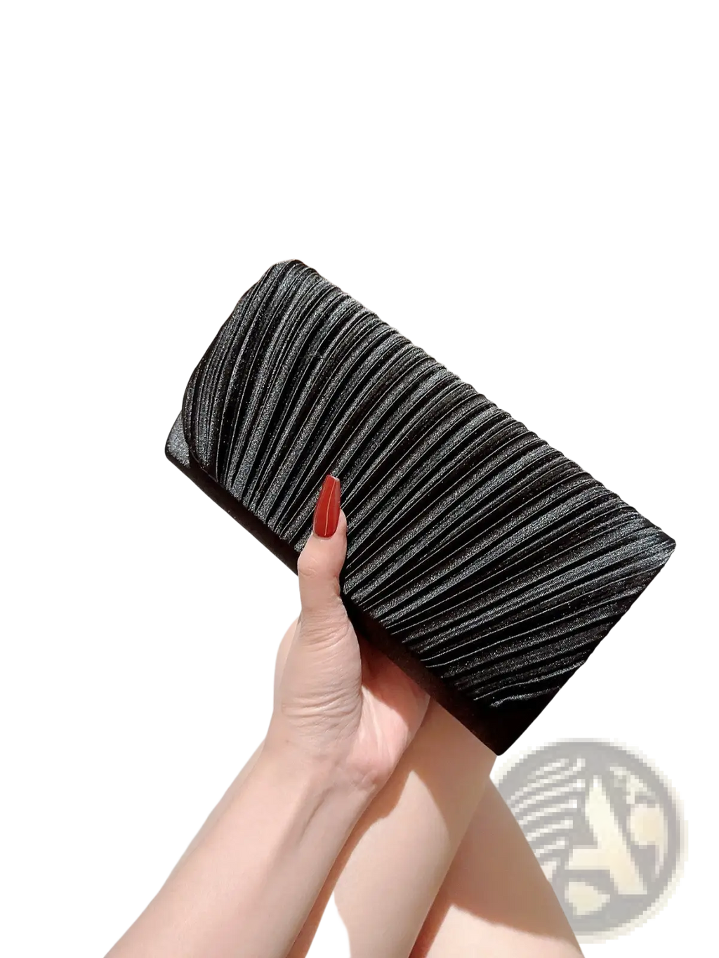 Black pleated satin clutch with sleek textured surface and subtle sheen minimalist women’s evening bag