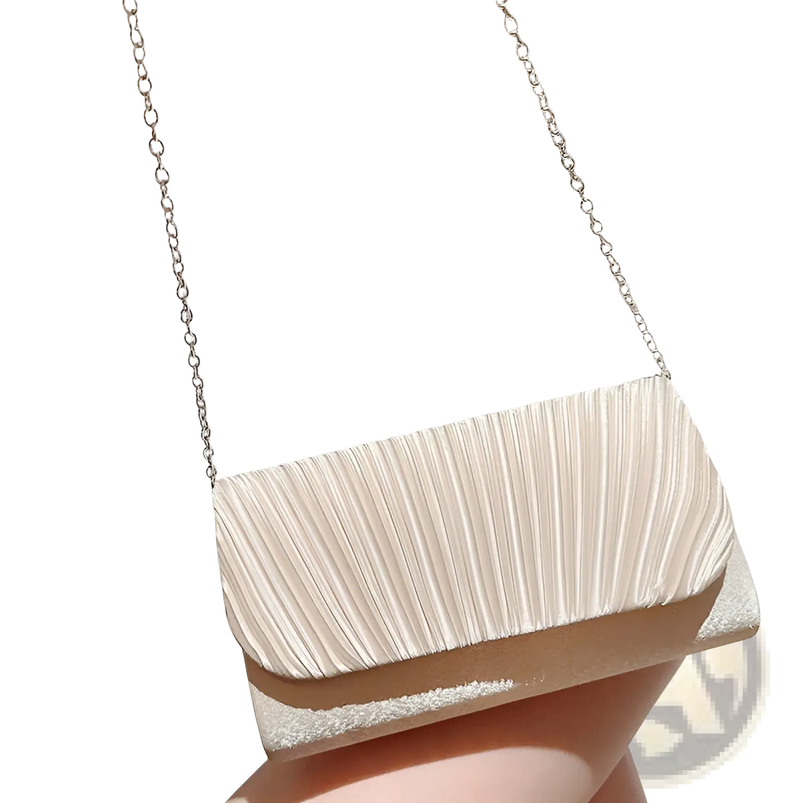 A sleek off-white pleated satin clutch with a metallic silver chain strap and shimmering base for evening use