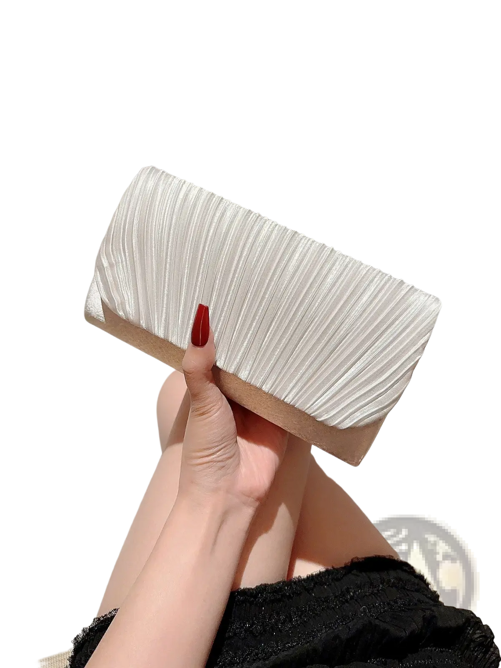 White pleated satin clutch with a sleek finish and contrasting beige base minimalist women’s evening bag