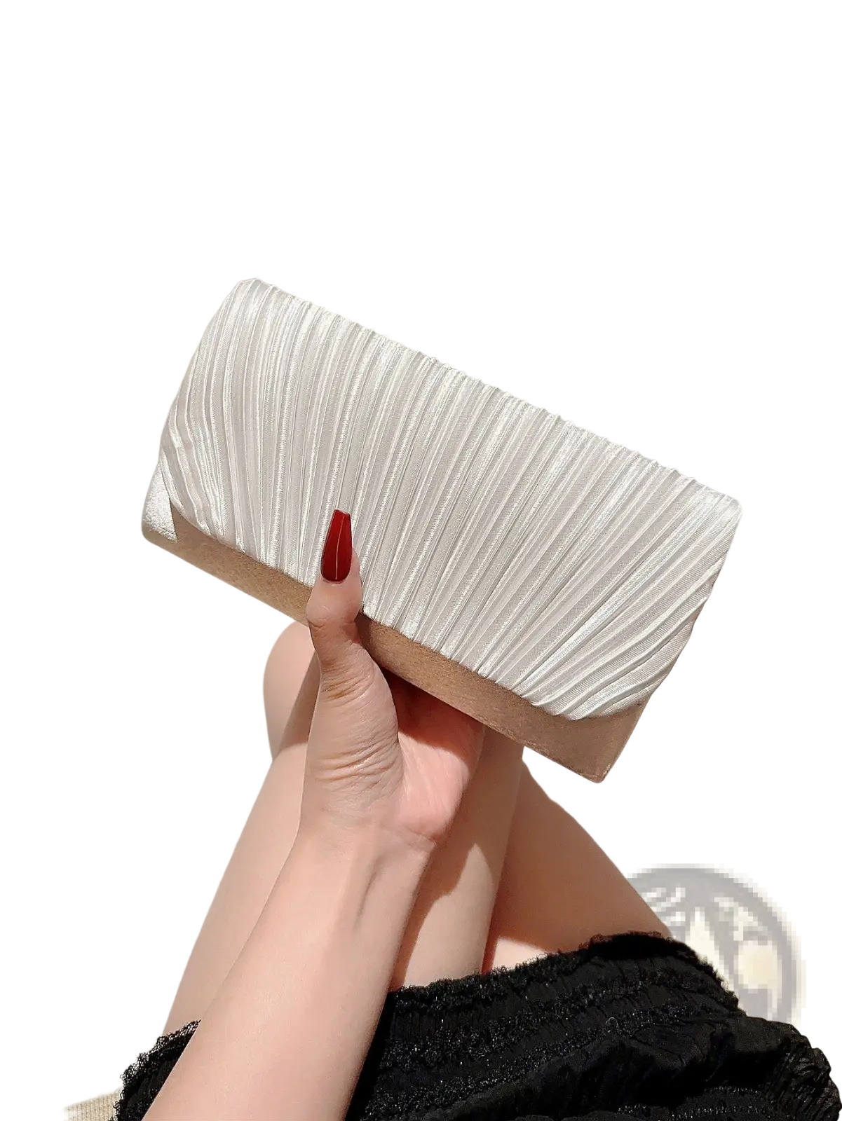 White pleated satin clutch with a sleek finish and contrasting beige base minimalist women’s evening bag