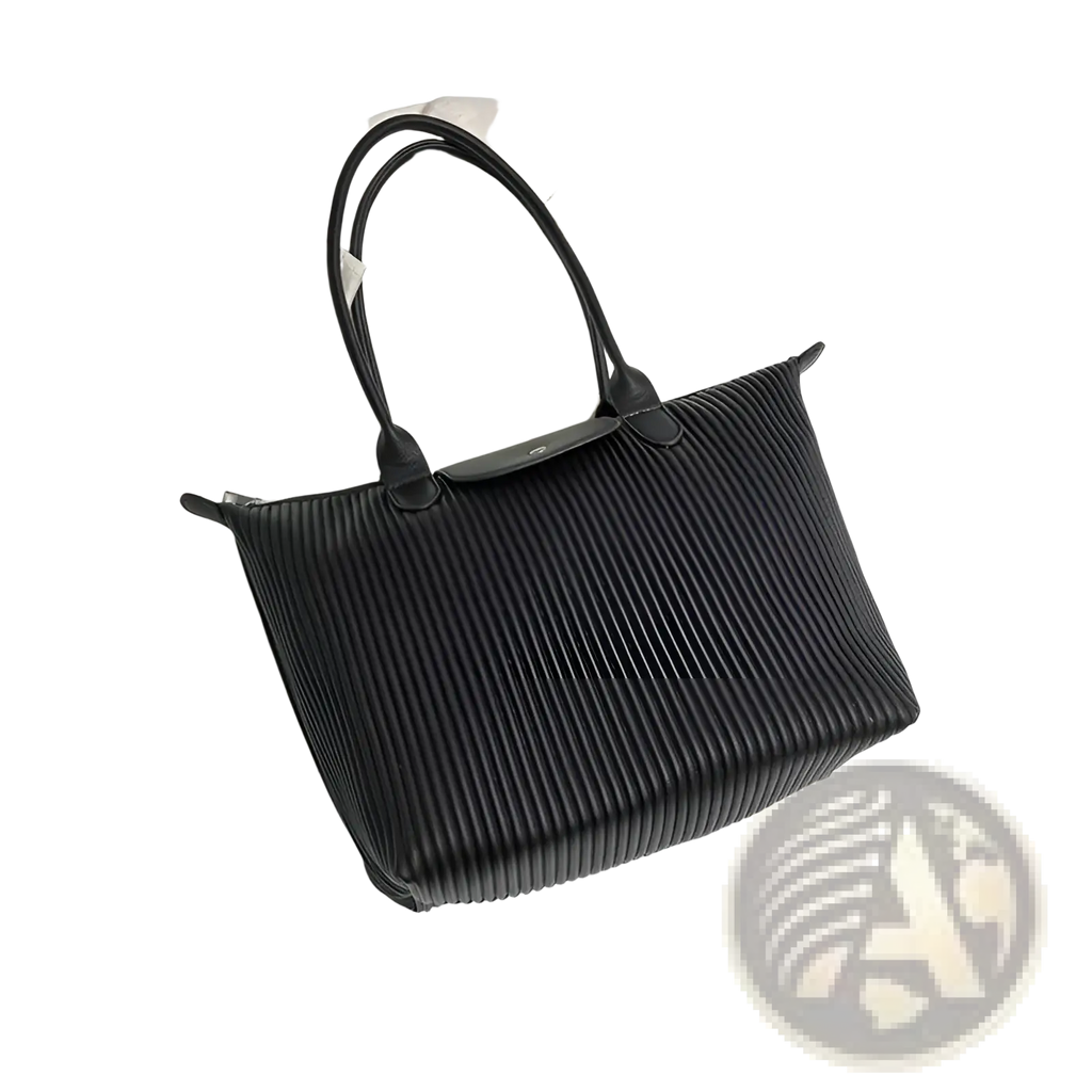 Black pleated leather tote bag with structured handles sleek modern design minimalist pu leather shoulder bag