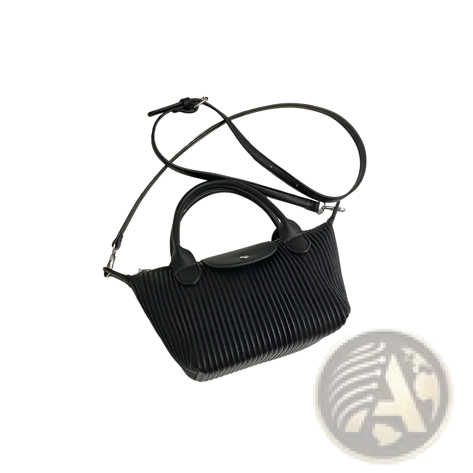 Black ribbed leather crossbody bag with top handle and adjustable strap for minimalist use