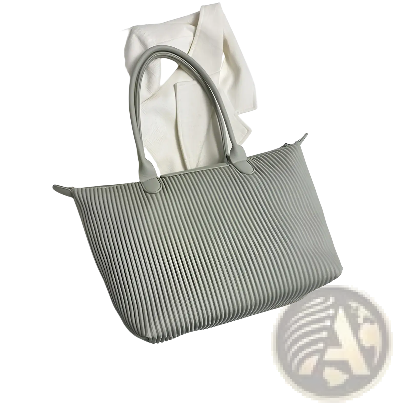 A sleek light gray pleated shoulder bag made of minimalist pu leather with structured handles and tote design