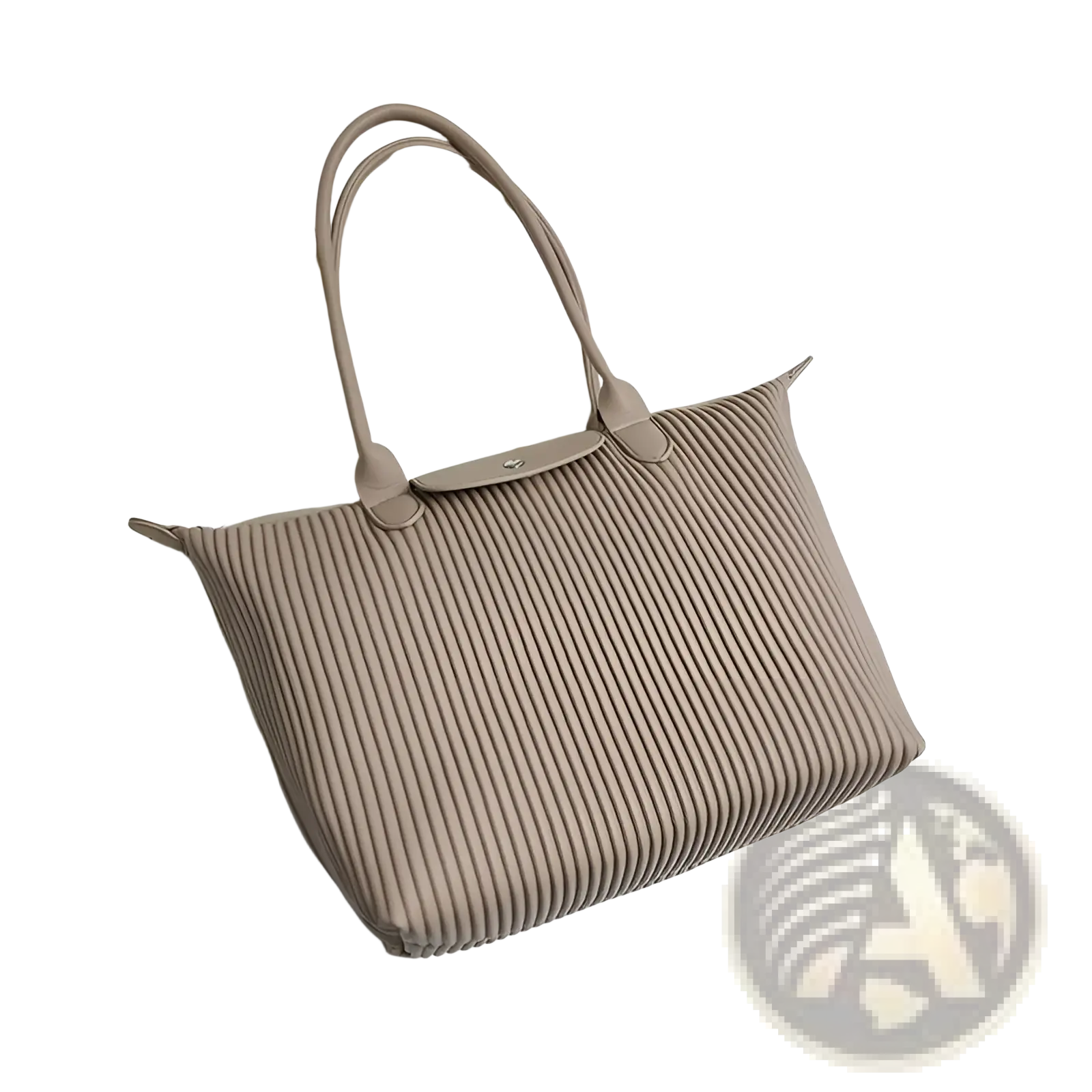 Beige pleated minimalist pu leather tote bag with structured handles designed as a shoulder bag