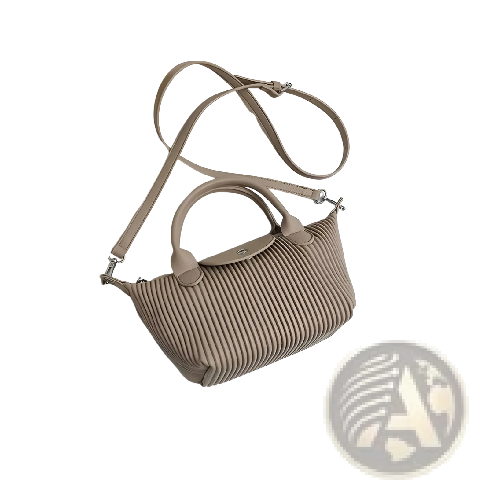 Beige ribbed pu leather pleated shoulder bag with top handles and adjustable strap minimalist crossbody tote