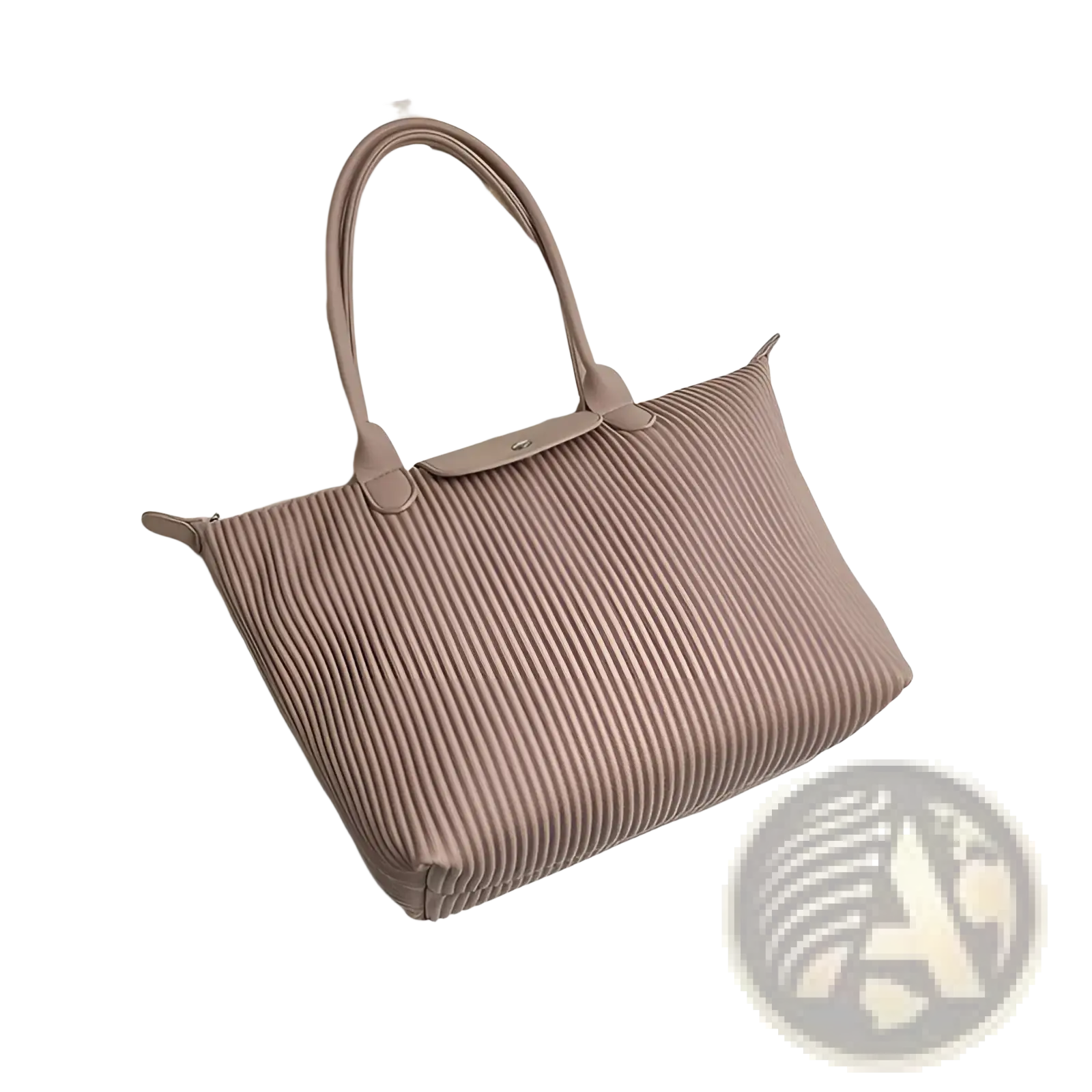 Taupe pleated pu leather tote bag with structured handles featuring a minimalist shoulder design