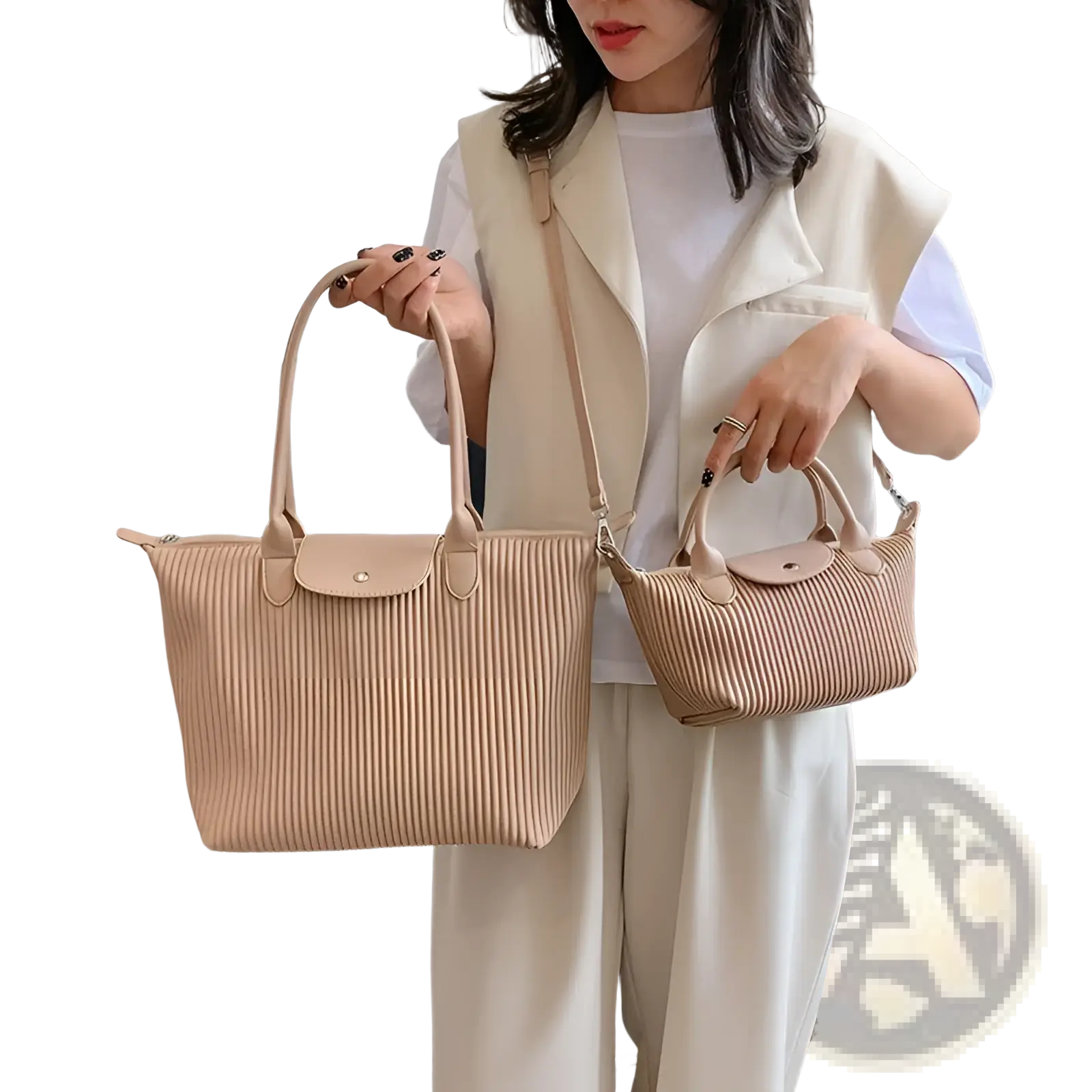Beige pleated leather longchamp handbag with top handle and flap closure in minimalist pu leather tote design