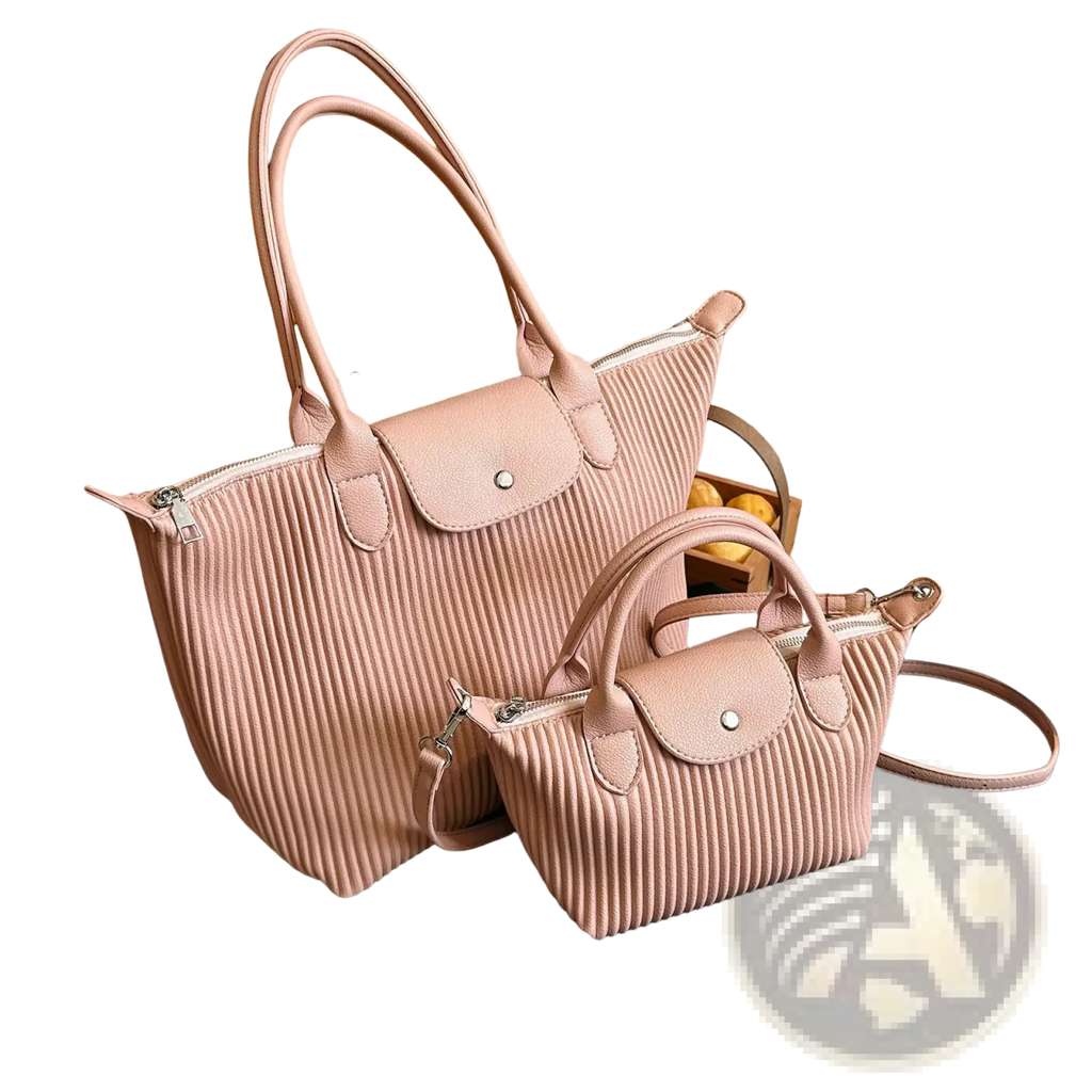 Pink pleated shoulder bag minimalist pu leather tote with ribbed texture flap closure and silver-toned hardware