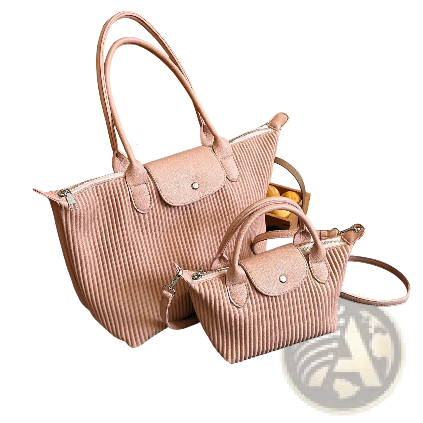 Pink pleated shoulder bag minimalist pu leather tote with ribbed texture flap closure and silver-toned hardware