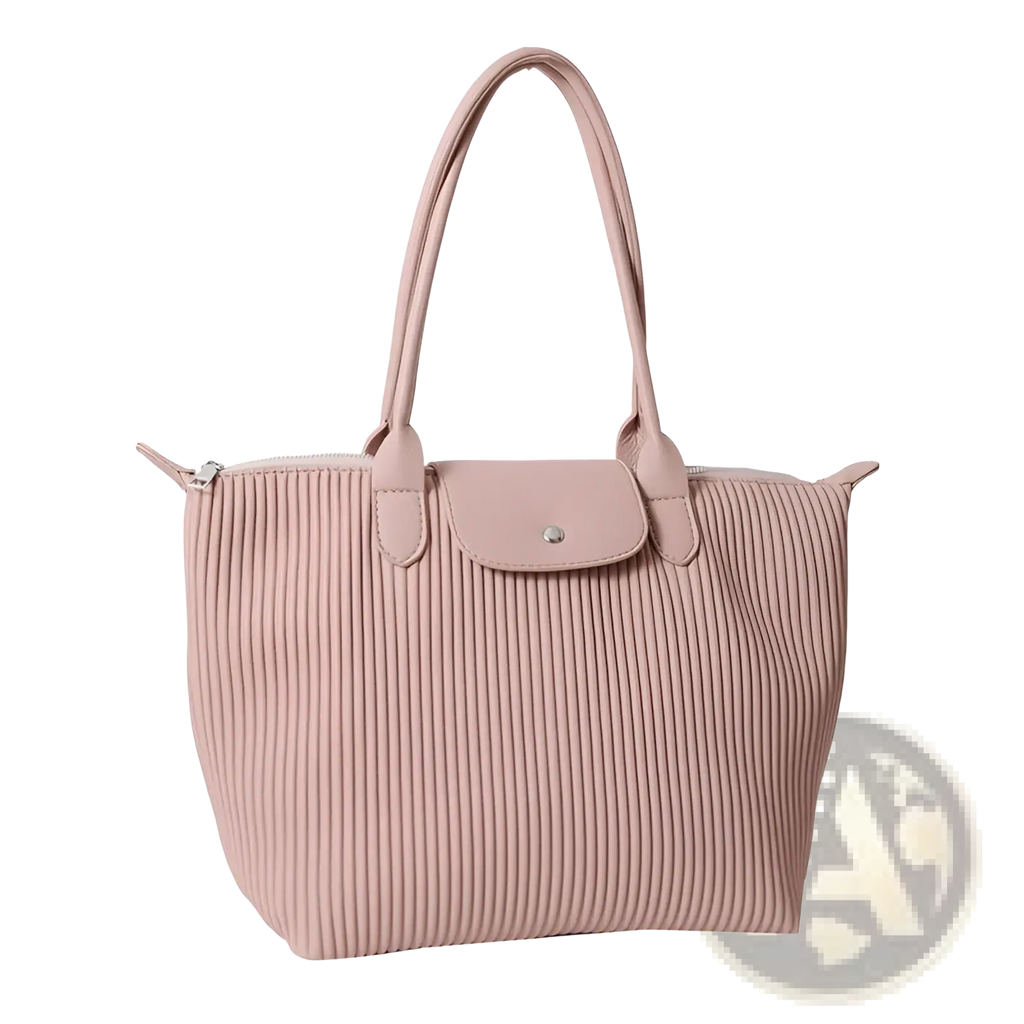 A soft pink pleated pu leather tote bag with flap closure and matching handles for minimalist shoulder use