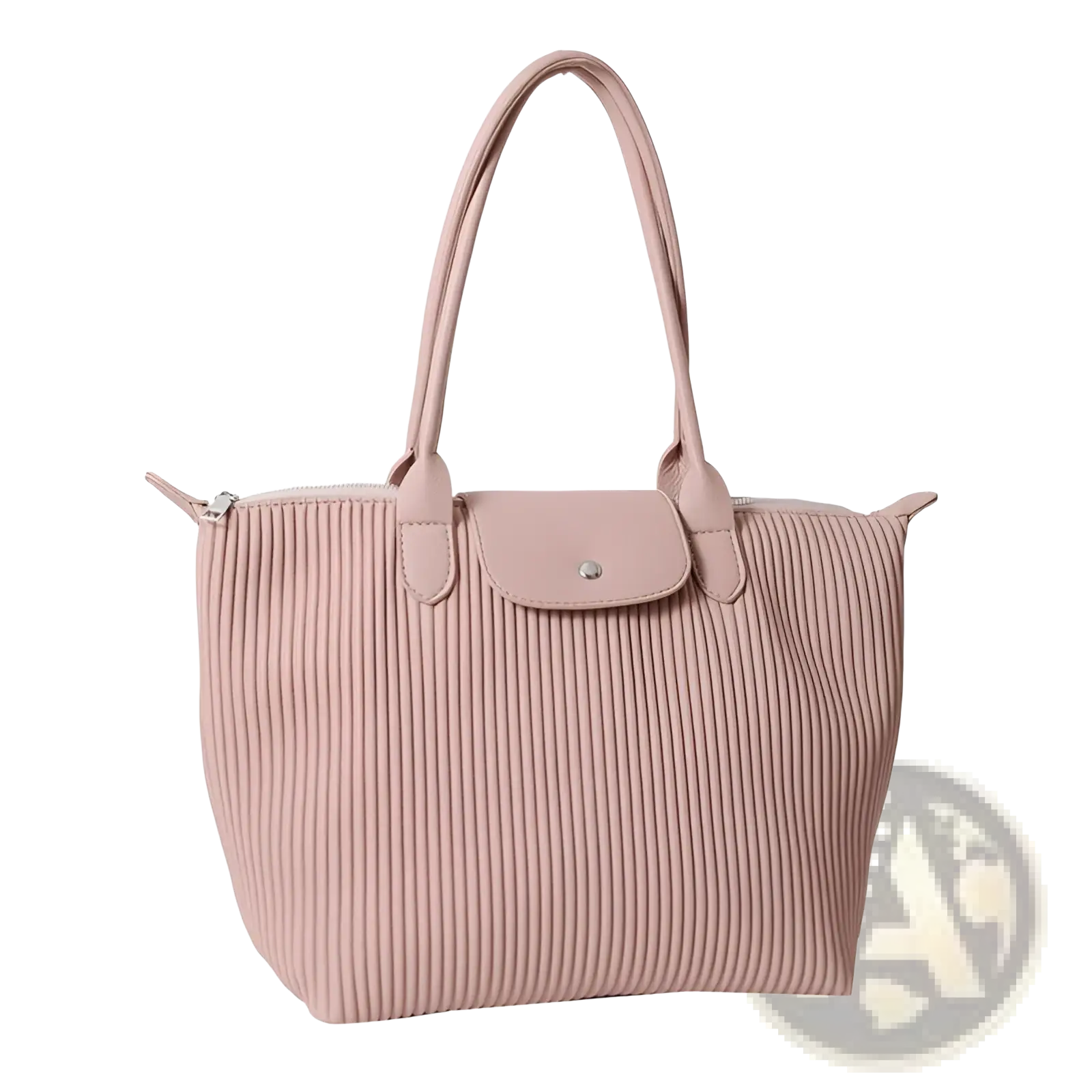 A soft pink pleated pu leather tote bag with flap closure and matching handles for minimalist shoulder use