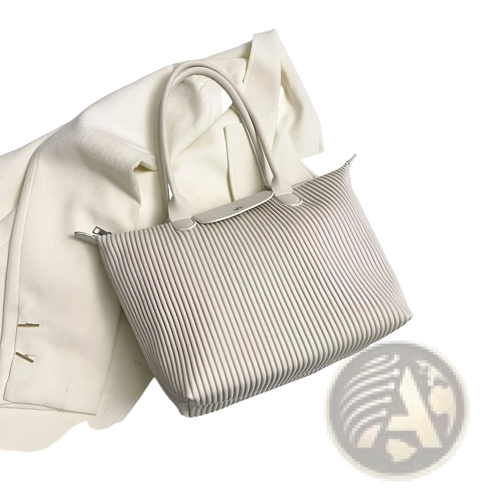 A sleek off-white pleated tote bag made of minimalist pu leather with structured handles for shoulder use