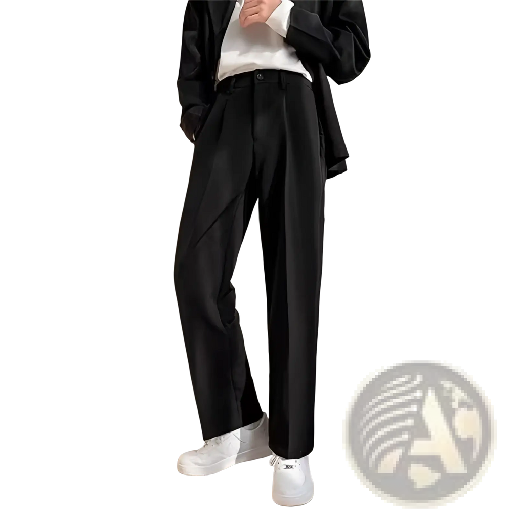 Black pleated straight leg draping loose pants with a sleek modern cut ideal for formal and casual wear