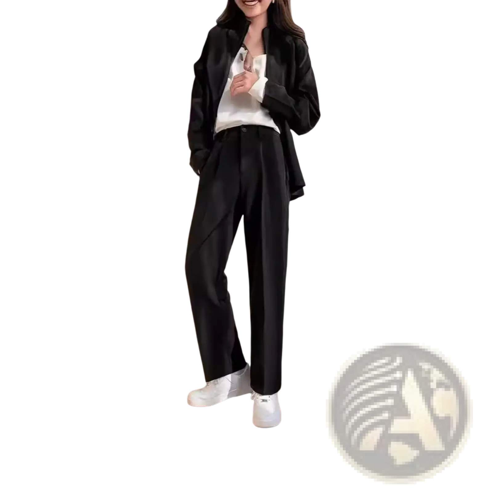 Black tailored pleated straight leg draping loose pants with a sleek modern cut ideal for formal wear