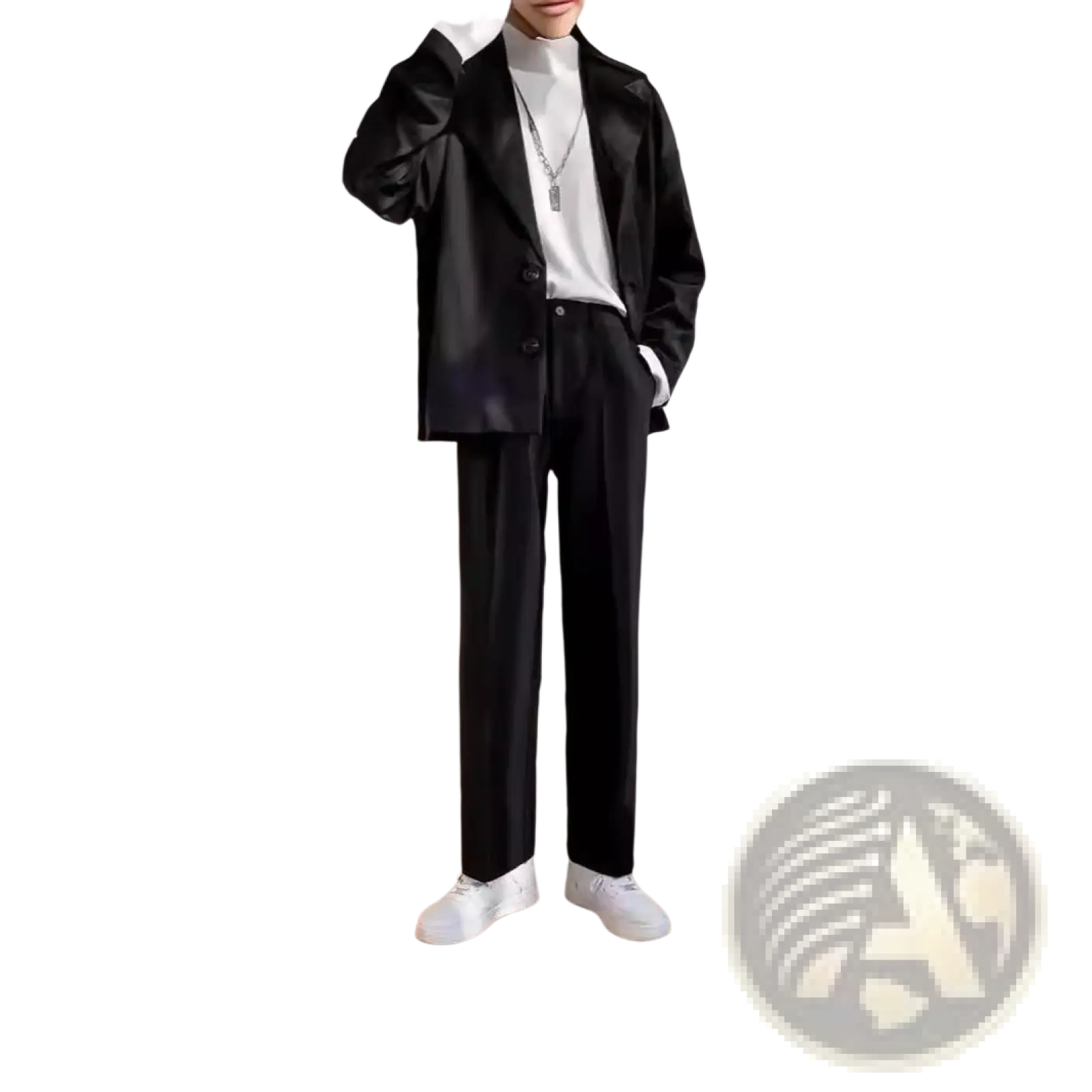 Black satin blazer with sleek modern cut and subtle sheen paired with pleated straight leg draping loose pants