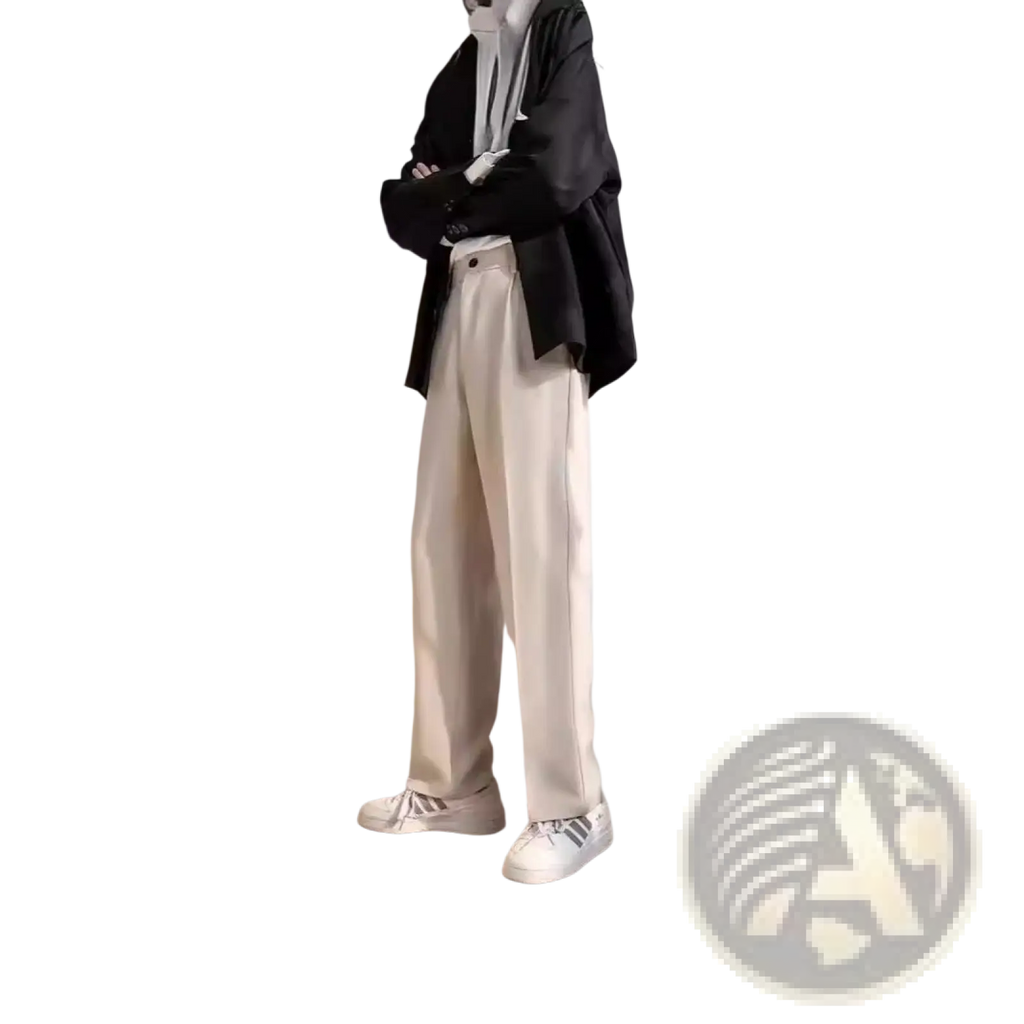 Cream-colored pleated straight leg draping loose pants with a relaxed fit and subtle side pockets