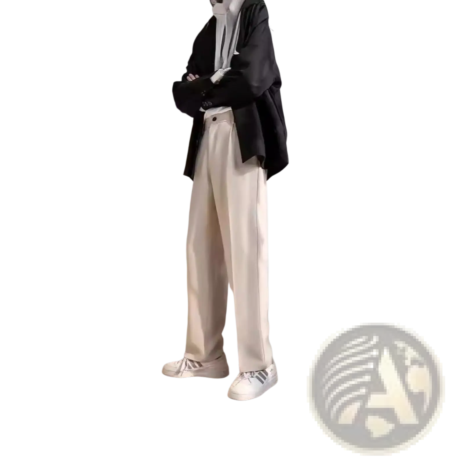 Cream-colored pleated straight leg draping loose pants with a relaxed fit and subtle side pockets