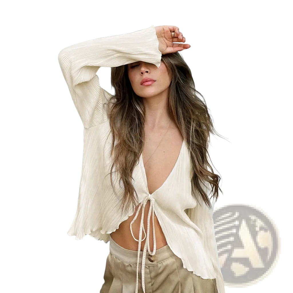 Cream-colored ribbed knit cropped cardigan blouse with deep v neck and front tie detail pleated v neck tie cardigan blouse