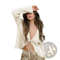 Cream-colored ribbed knit cropped cardigan blouse with deep v neck and front tie detail pleated v neck tie cardigan blouse