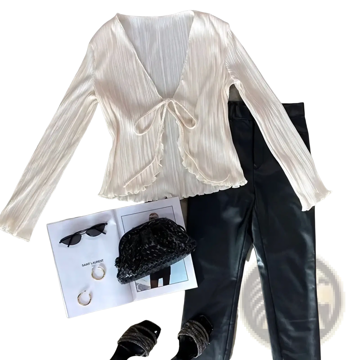 Pleated v neck tie cardigan blouse in off white ribbed knit with long sleeves and front bow detail