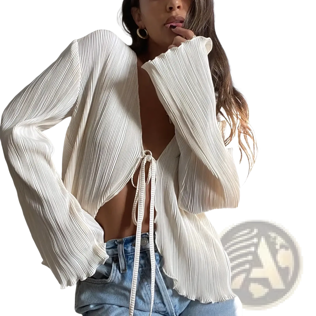 A white pleated long-sleeve cropped cardigan blouse with v neck and front tie detail