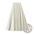 Cream-colored pleated wide flare maxi skirt with flowing a-line design and elastic waistband for comfortable wear