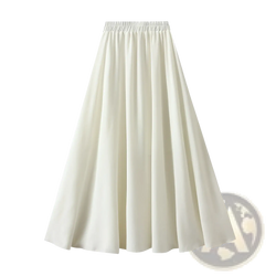 Cream-colored pleated wide flare maxi skirt with flowing a-line design and elastic waistband for comfortable wear