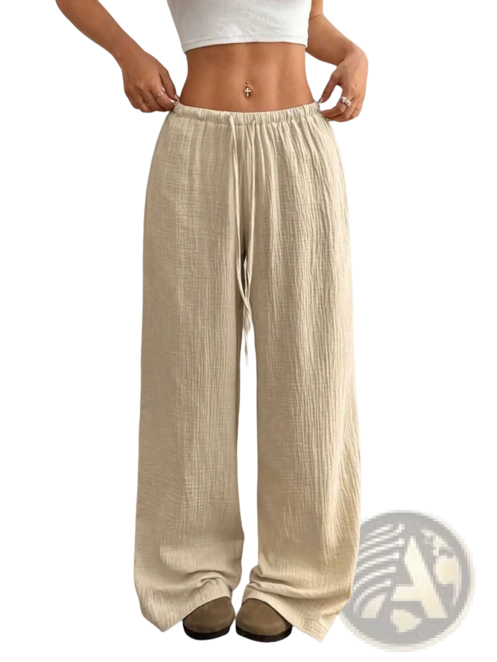 Beige pleated wide leg casual pants with textured crinkled fabric and elastic waistband for comfortable wear