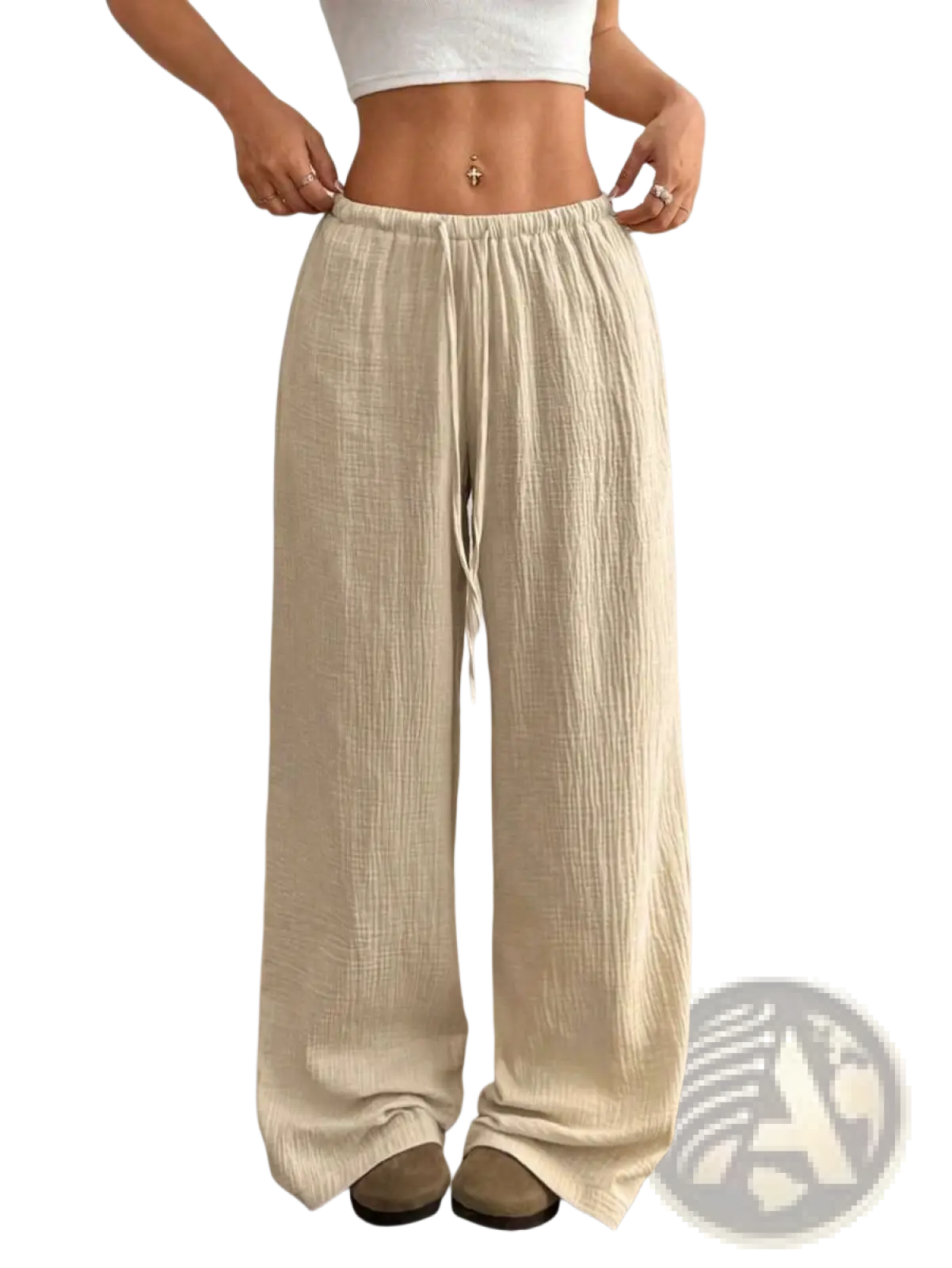 Beige pleated wide leg casual pants with textured crinkled fabric and elastic waistband for comfortable wear