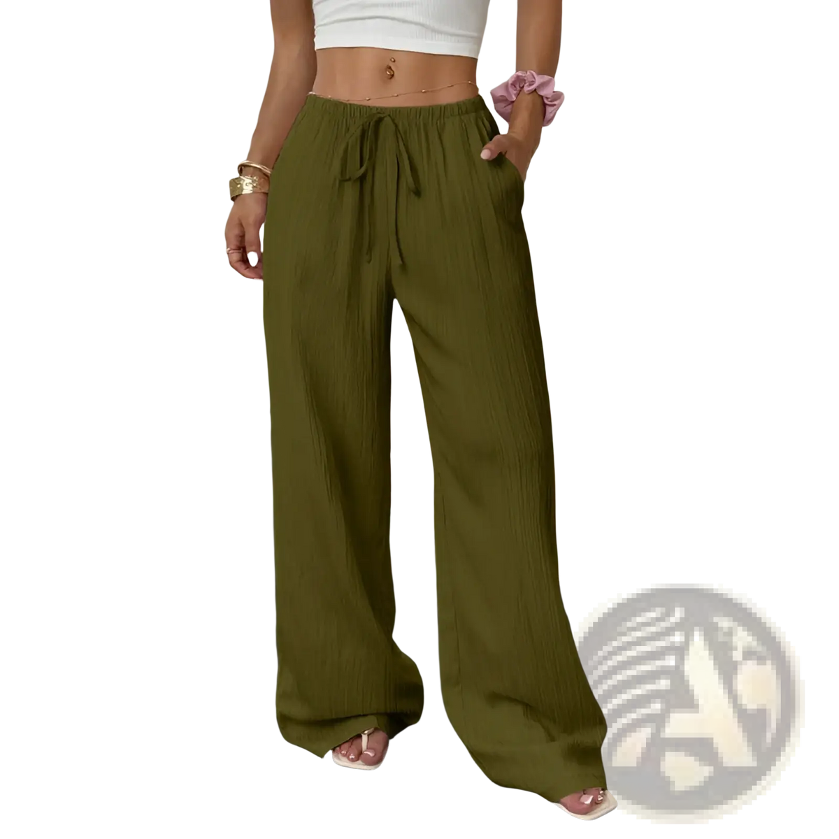 Olive green pleated wide leg casual pants with drawstring waist and subtle vertical pleats for comfortable wear
