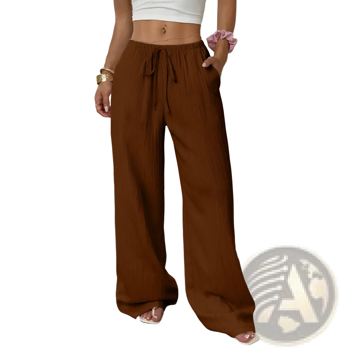 Brown pleated wide-leg casual pants with drawstring waist made of lightweight fabric for comfortable wear