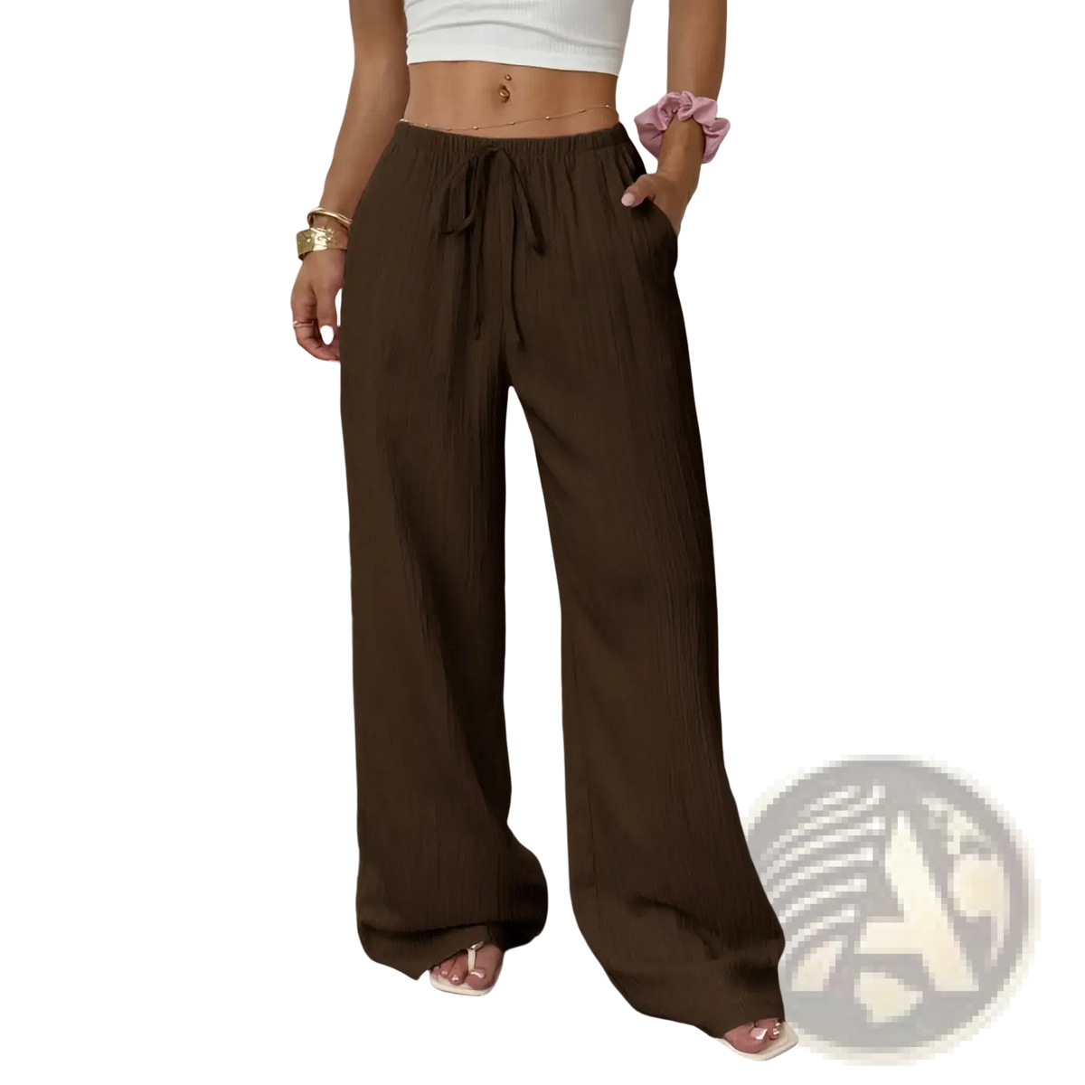 Brown pleated wide leg casual pants with a drawstring waist and subtle vertical pleats for a relaxed fit
