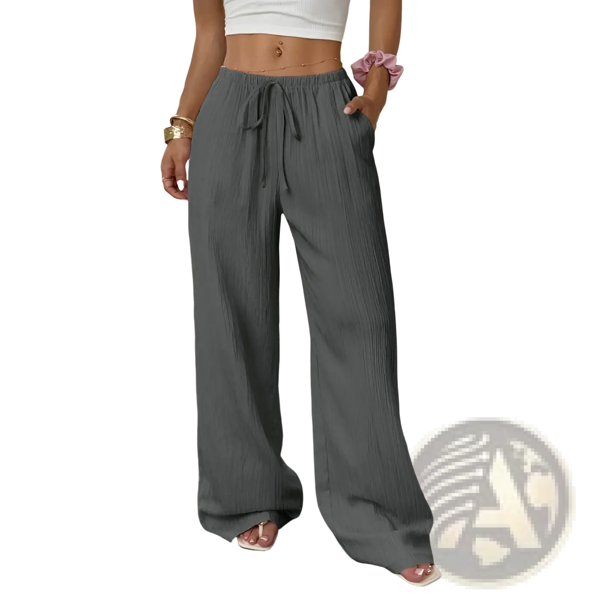 Gray pleated wide-leg casual pants with elastic waist and drawstring for comfortable everyday wear