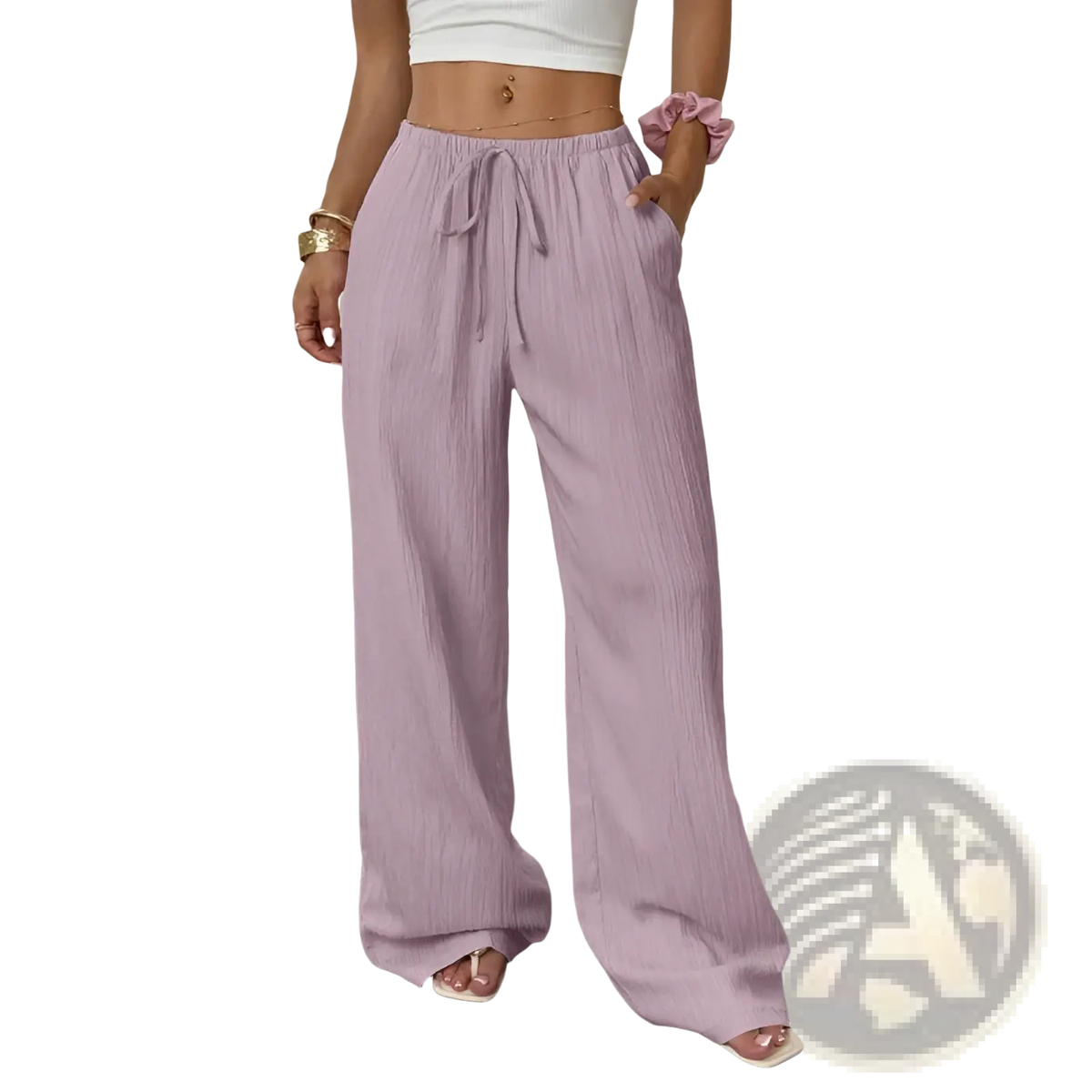 Lavender pleated wide leg casual pants with drawstring waistband made from lightweight fabric for comfortable wear