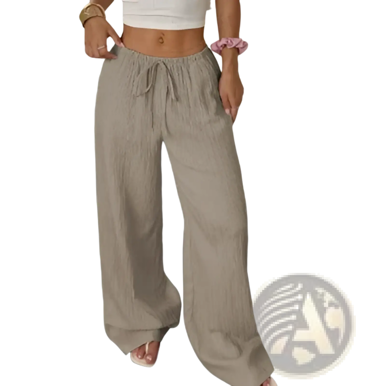 Beige pleated wide leg casual pants with drawstring waist and subtle vertical pleats for comfortable wear