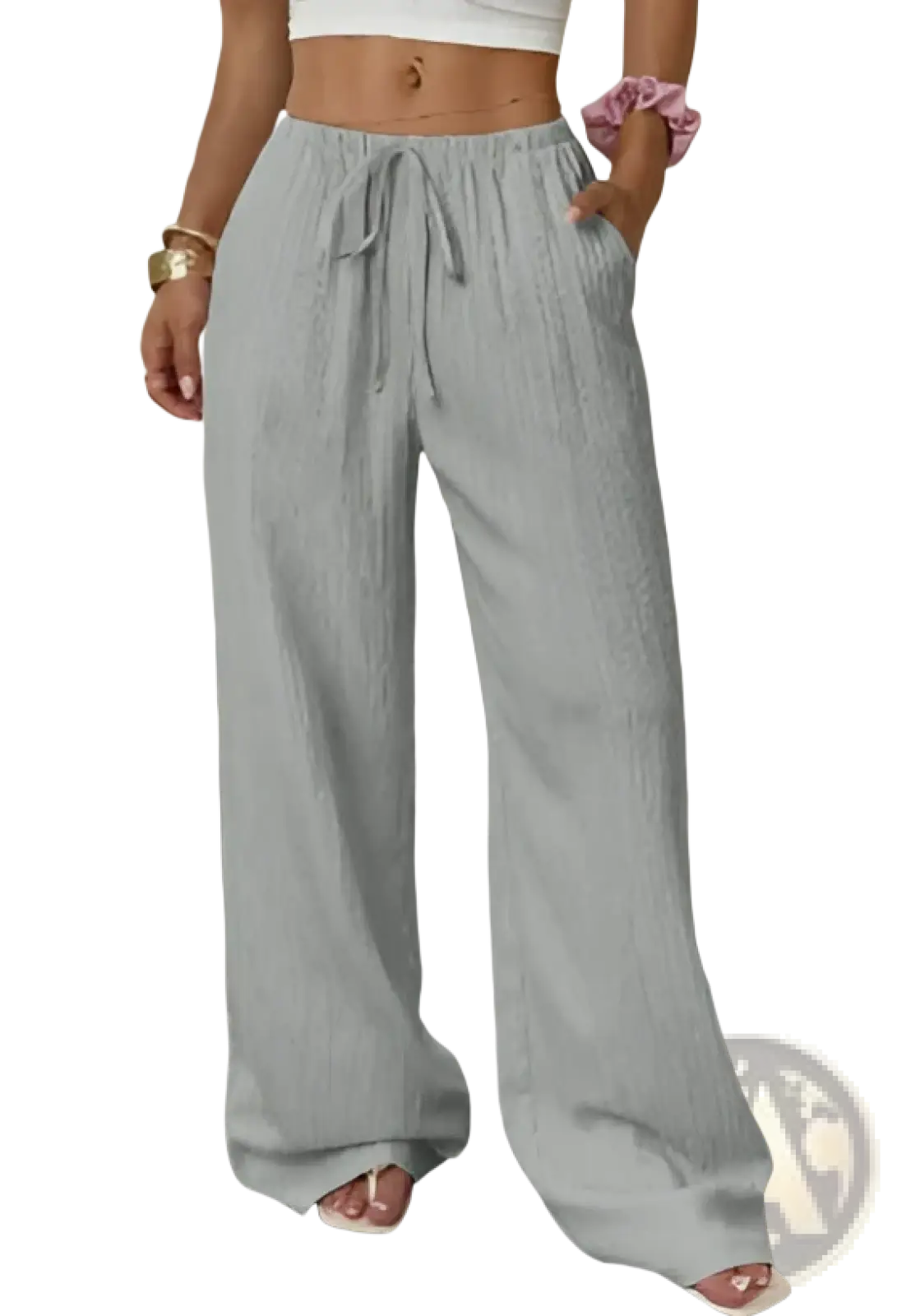 Pleated wide leg casual pants in light gray with vertical ribbed texture and elastic waistband with drawstring