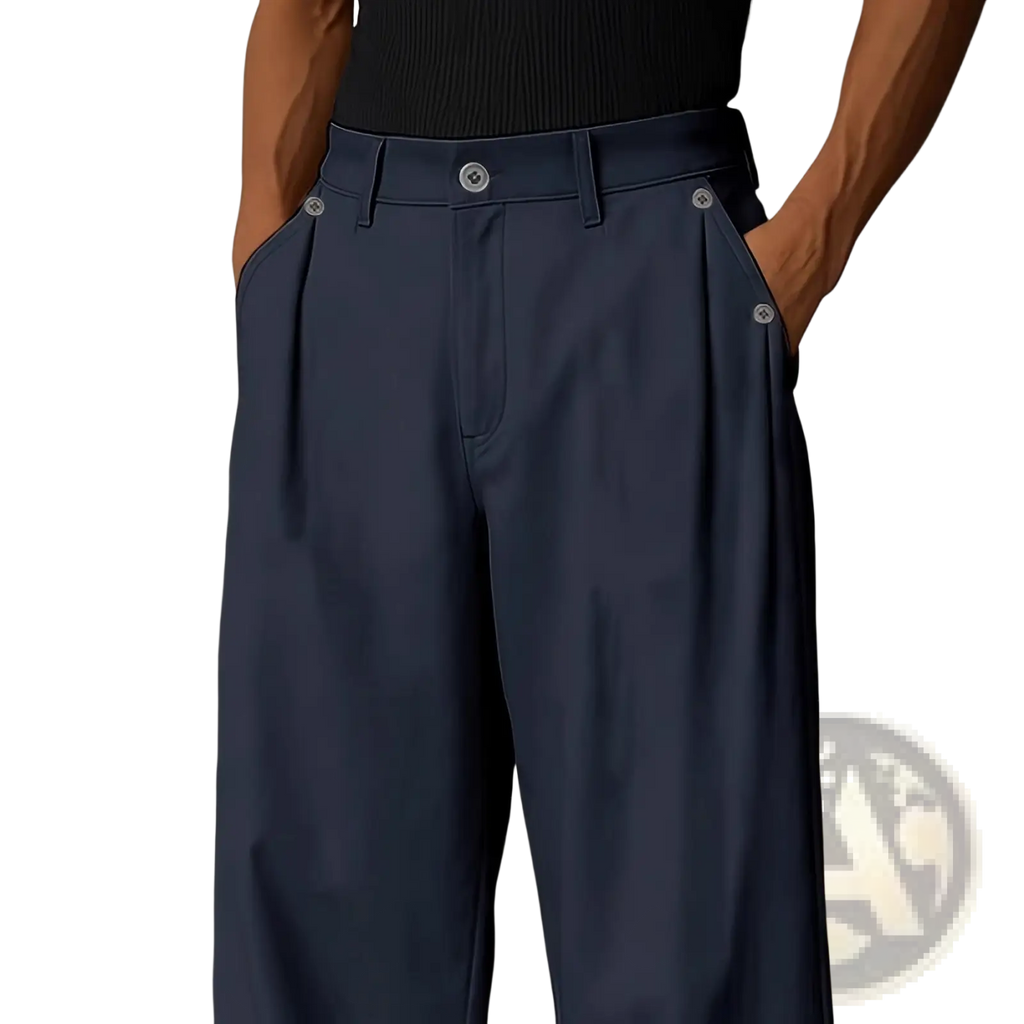 Dark navy pleated wide leg casual pants for men with silver toned button details and a comfortable fit