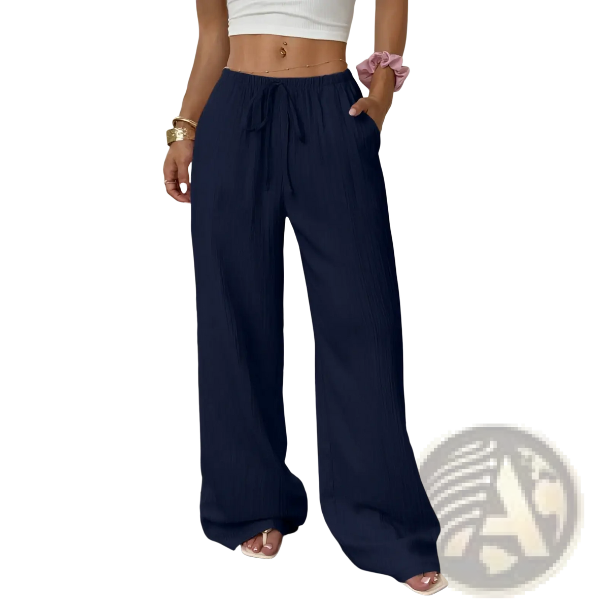 Navy blue pleated wide leg casual pants with drawstring waist and subtle vertical pleats for comfortable wear