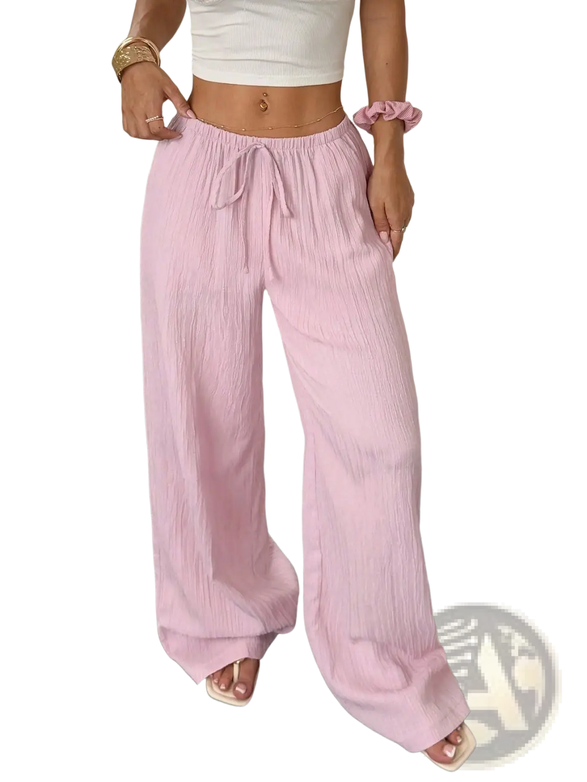 Soft pink pleated wide leg casual pants with a drawstring waist and subtle vertical pleats for comfortable wear