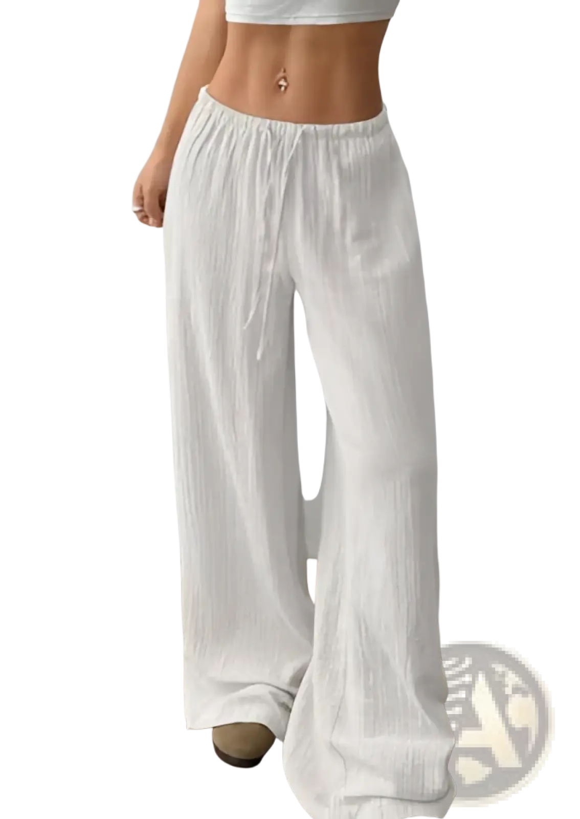 White pleated wide leg casual pants with loose fit textured fabric and drawstring waistband for comfort