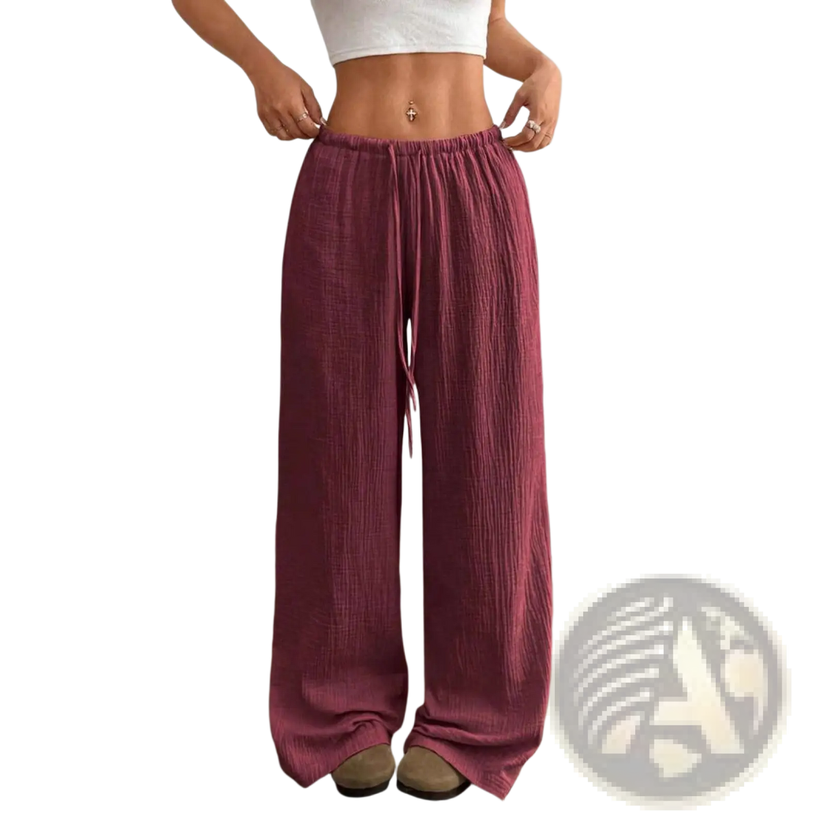 Pleated wide leg casual pants in textured maroon fabric with elastic waist and drawstring for comfortable wear