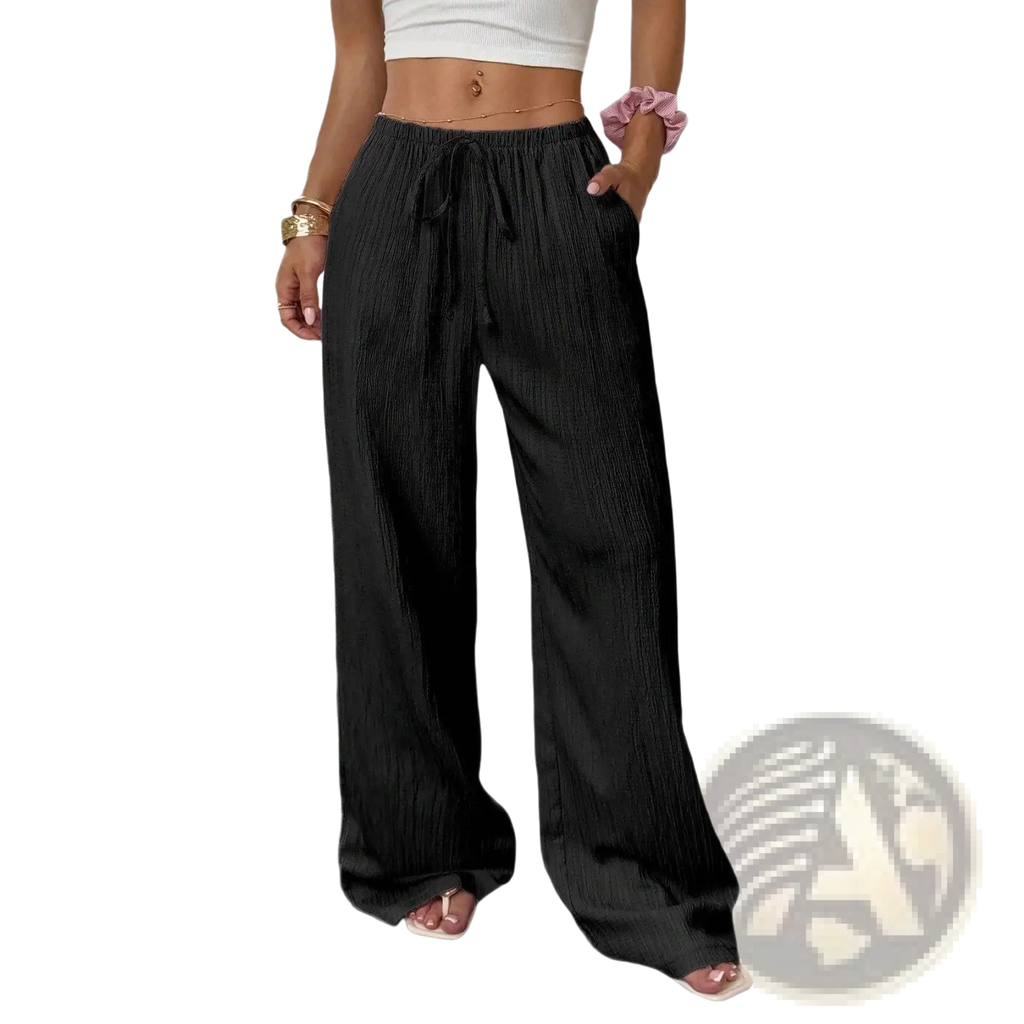 Black pleated wide leg casual pants with elastic waistband and drawstring for comfortable everyday wear