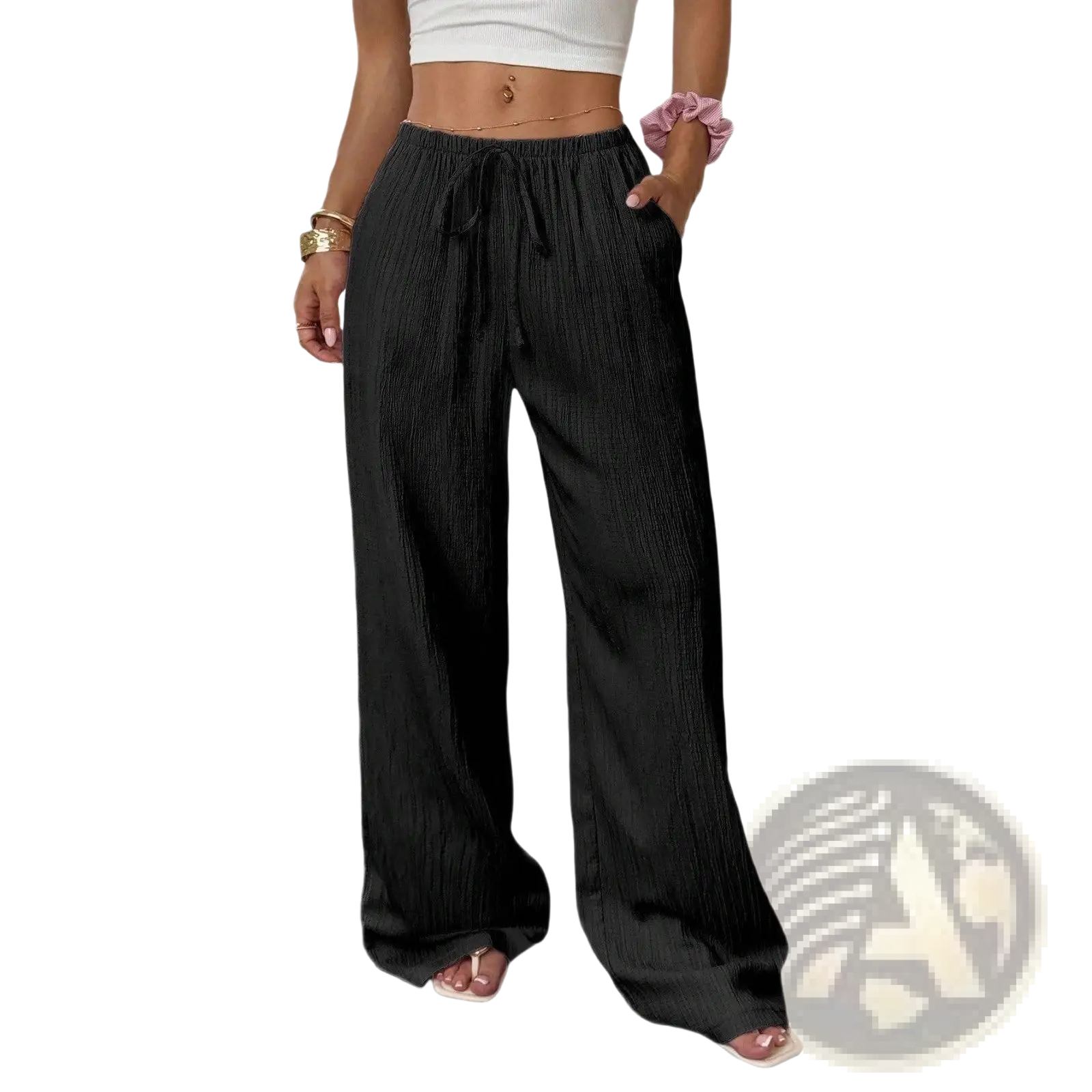 Black pleated wide leg casual pants with elastic waistband and drawstring for comfortable everyday wear