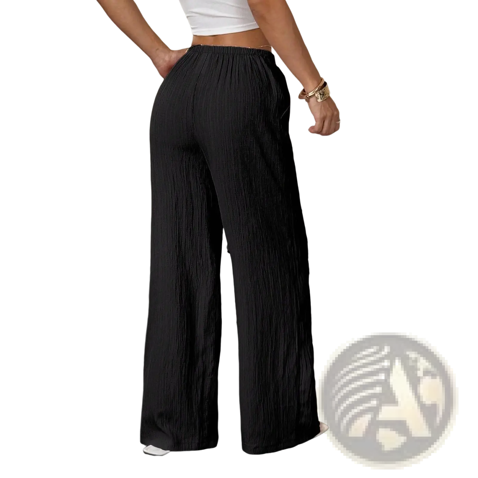 Black pleated wide leg casual pants with elastic waistband designed for comfortable everyday wear