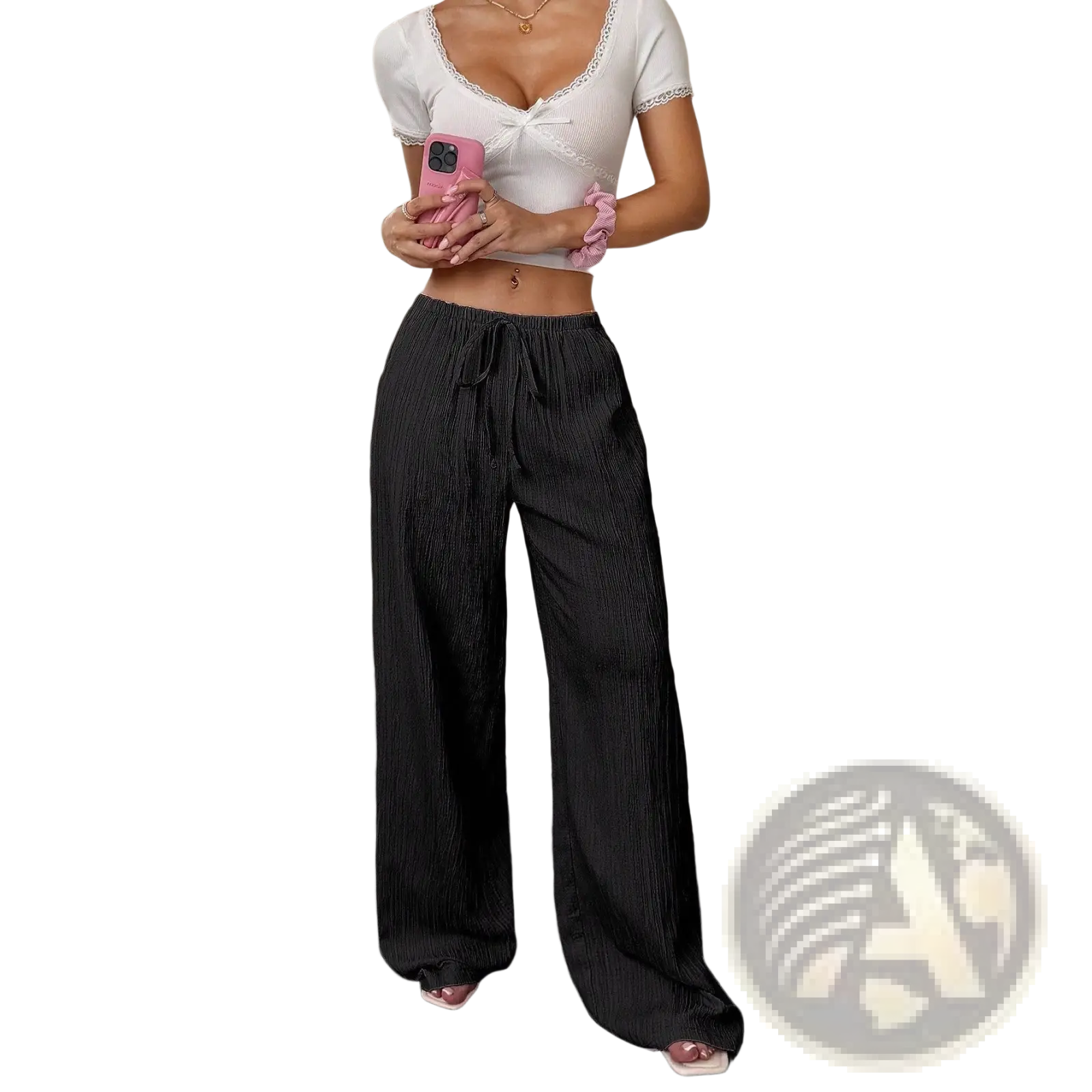 Black pleated wide leg casual pants with drawstring waistband designed for comfortable everyday wear