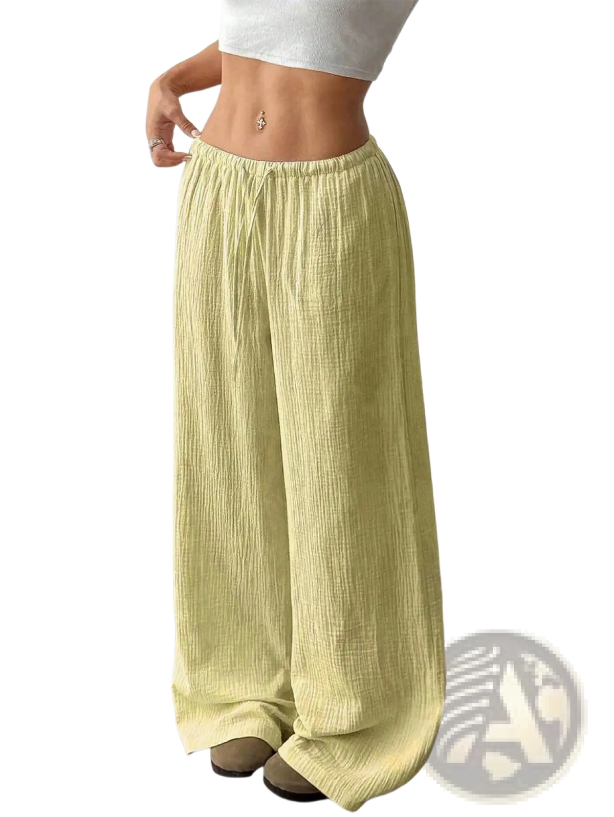 Pleated wide leg casual pants in light green textured lightweight fabric with elastic waistband for comfort