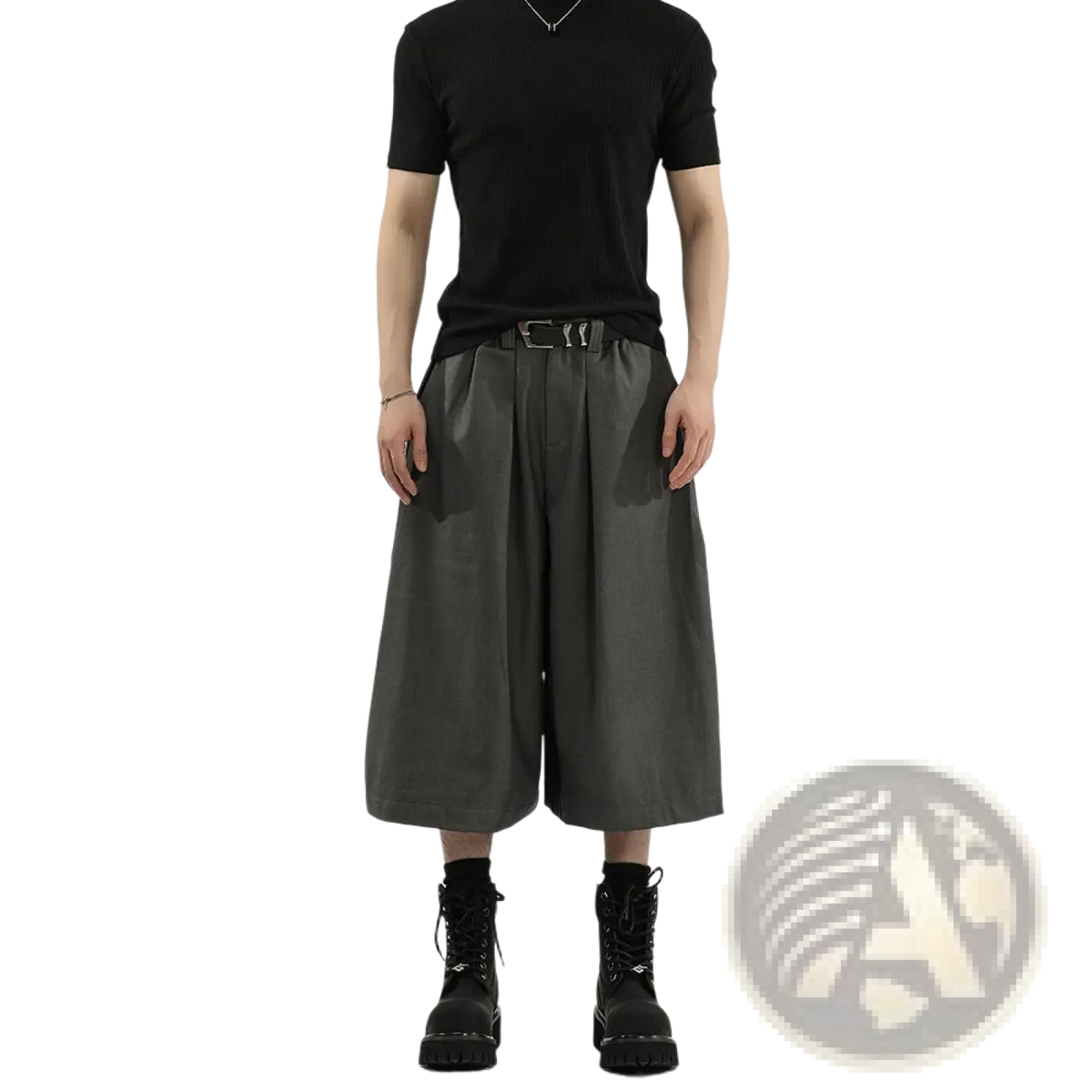 Dark gray pleated wide leg mens suit shorts featuring a sleek modern cut ideal for formal wear